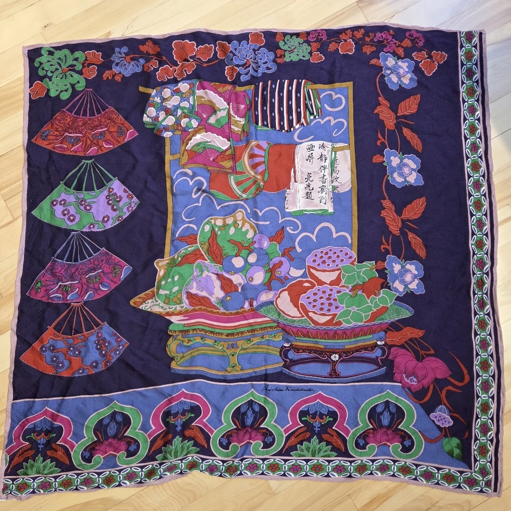 Vintage Christian Fischbacher 100% Silk Scarf With Japanese Print